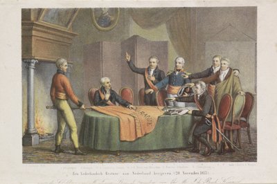 قبول الحكومة الثلاثية للحكومة العليا باسم أمير أورانج ، 21 نوفمبر 1813 إعادة إدارة هولندية إلى هولندا. (20 نوفمبر 1813) (العنوان على الكائن) بواسطة ديفيد فان دير كيلين