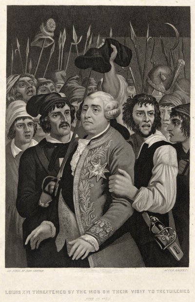 لويس السادس عشر مهددًا من قبل الغوغاء في زيارتهم إلى التويلري ، 20 يونيو 1792 ، نقش بواسطة جون سارتين (نقش) بواسطة دينيس أوغست ماري (بعد) رافت