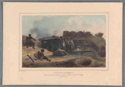 Geschut في العمل ، 1832 قطعة في البطارية ، أنشئت في المحكمة التي تنضم إلى حصن توليدو إلى حصن فرناندو (العنوان على الجسم) رسومات مصنوعة من الحياة في حصار قلعة أنتويرب بواسطة Raffet (عنوان السلسلة على الكائن) بواسطة جيلوت فريرز