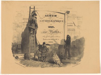 رجلان يلصقان ملصق على الحائط ألبوم lithographique de 1837 (عنوان السلسلة على الكائن) بواسطة Gihaut frères