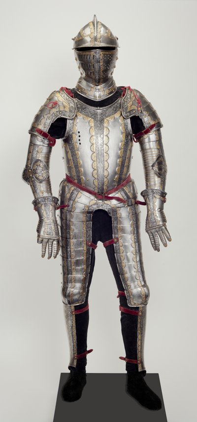 Field Armour, from a Garniture, probably made for Ludwig Ungnad von Weissenwolf auf Sunegg, c.1552 (steel with embossed, etched, blackened & gilded decoration, with modern brass, velvet, leather & steel) بواسطة ديزيديريوس هيلمشميد
