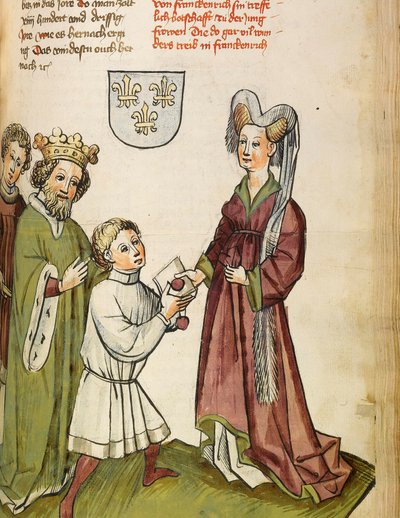 حرب المائة عام (1337-1453): التقى سيجيسموند الأول من الإمبراطورية المقدسة (الإمبراطورية المقدسة) (1368-1437) مع جان دارك (1412-1431) - الإمبراطور سيغيسموند قبل جان دارك - ورشة ديبولد المصغرة لاوبر (قبل 1427- بعد 1471) من "" Le livre de بواسطة ديبولد (ورشة عمل) لاوبر