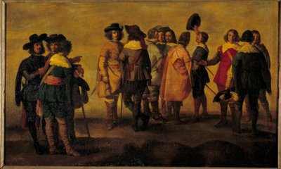 محادثة أو لقاء من ثلاثة عشر شخصية رسم حاشية دييغو فيلاسكويز (1599-1660) شمس القرن السابع عشر. 0،47 × 0،77 م بواسطة دييجو رودريغيز دي سيلفا واي (بعد) فيلاسكيز