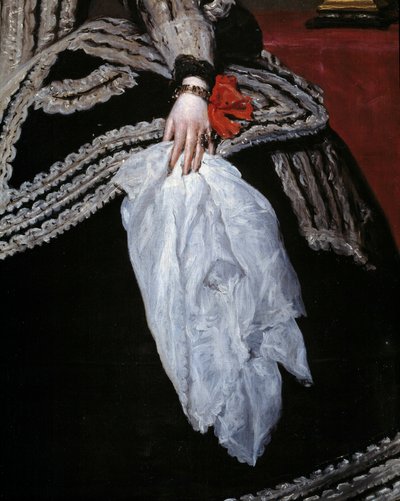 يد ووشاح تفاصيل صورة الملكة ماري آن (ماريان) من النمسا (1634-1696) ، زوجة فيليب الرابع "لوحة رسمها دييغو فيلاسكيز (1599-1660) مدريد ، متحف برادو في القرن السابع عشر بواسطة دييجو فيلاسكيز
