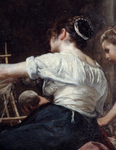 المغازلون أو حكاية Arachne التفصيلية لعامل خلفي. لوحة دييغو رودريغيز دي سيلفا إي فيلاسكيز (1599-1660) ، ج. 1653. الشمس 2،2x2،89 م مدريد ، متحف برادو بواسطة دييجو فيلاسكيز