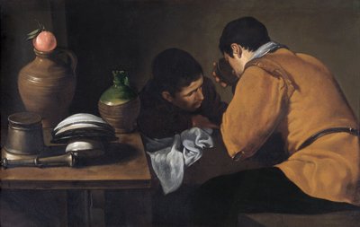 شابان يأكلان على مائدة متواضعة حوالي 1618-20 (زيت على قماش) بواسطة دييجو فيلاسكيز
