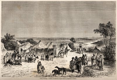 معسكر طوارق ، رسمه لانسلوت ، لتوضيح رحلة الدكتور هنري بارث إلى وسط إفريقيا من عام 1849 إلى 1855. نقش في "" حول العالم ، مجلة سفر جديدة "" باريس بواسطة ديودون أوغست لانسلوت