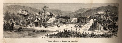 في قرية الغجر. نقش لتوضيح الرحلة من باريس إلى بوخارست ، بواسطة لانسلوت ، رسام ، في عام 1860 ، نُشر في "Le tour du monde ، nouveau journal des voyages" ، تحت إشراف إدوارد شارتون بواسطة ديودون أوغست لانسلوت