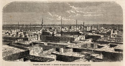 منظر عام لطرابلس ، رسمه لانسلوت ، لتوضيح ممرات طرابلس ، في عام 1860 ، في البارون دي كرافت. نقش في "" Le Tour du monde "" 1861. مجموعة سيلفا. بواسطة ديودون أوغست لانسلوت