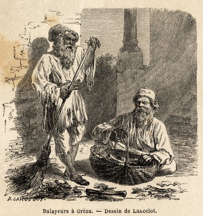 المكانس في أوريزو (رومانيا). نقش لتوضيح الرحلة من باريس إلى بوخارست ، بواسطة لانسلوت ، رسام ، في عام 1860 ، نُشر في "Le tour du monde ، nouveau journal des voyages" ، تحت إشراف إدوارد شارتون بواسطة ديودون أوغست لانسلوت
