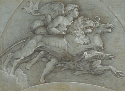 بوتو مجنح يركب حصان البحر وأسدًا بعد رافائيل ، ظهر ... ، 1574. بواسطة ديونيسيو كالفيرت