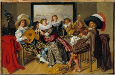 Gallant Meeting Musicians and young women playing music and raising their glasses at a party. Painting by Dirk Hals (1591-1656) 1625 Sun. 0,3x0,46 m بواسطة ديرك الرقبة