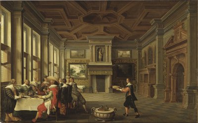 Diner distingue dans un interieur - شركة العشاء المتميز في الداخل ، بقلم ديلين ، ديرك فان (1605-1671). زيت على قماش بواسطة ديرك فان ديلين
