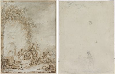 صورة أولية لألبوم للرسومات: فلاحون عند نافورة (وجه الصفحة) رسم تخطيطي للفلاحين عند نافورة (ظهر) بواسطة Dirk Langendijk