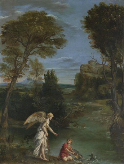 منظر طبيعي مع توبياس يمسك السمكة ، حوالي 1615 (زيت على النحاس) بواسطة دومينيكينو
