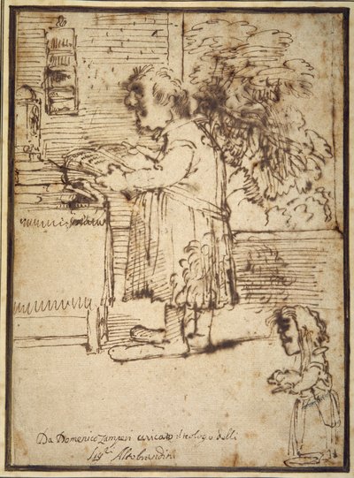 Caricature of the Aldobrandini theologian, with a female dwarf holding her dog (pen & ink on paper) بواسطة دومينيكينو