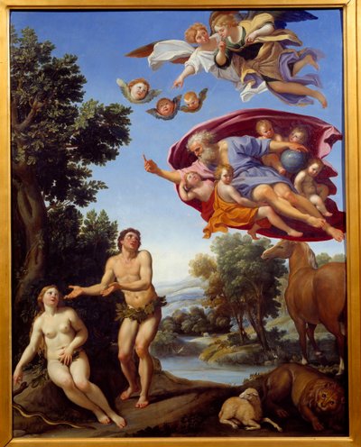 يوبخ الله آدم وحواء لوحة دومينيكو زامبيري (دومينيكوين) 1625 صن. 0،95x0،75 م غرونوبل ، متحف الفنون الجميلة بواسطة دومينيكينو