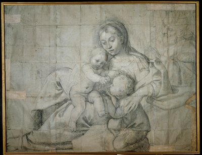 Holy Family at Rest with the Infant St. John the Baptist (black chalk on paper) بواسطة دومينيكينو