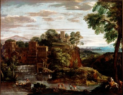 Landscape with Flight in Egypt Painting by Domenico Zampieri dit Il Domenichino (1581-1641) 1620 approx. Sun. 165x202 cm Paris, Musee du Louvre - Landscape with Flight into Egypt, by Domenico Zampieri a.k.a Il Domenichino (1581-1641). Oil on canvas بواسطة دومينيكينو