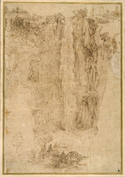 Landscape with a cascade; at the foot, two men, one mounted (pen & brown ink on paper) بواسطة دومينيكينو