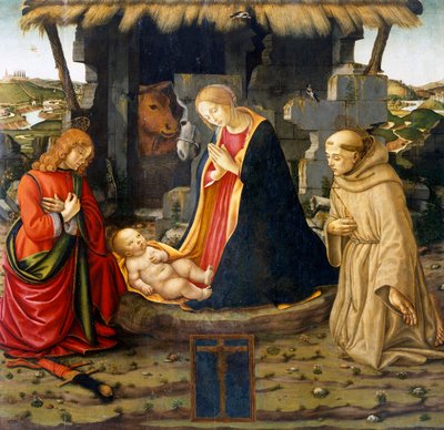 Nativity with Saint Francis and Saint Julian بواسطة دومينيكو (ورشة عمل) غيرلاندايو