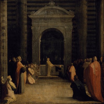 The Offering of the Keys of the City of Siena to the Virgin, on or after 1526 (oil on paper on wood panel) بواسطة دومينيكو بيكافومي