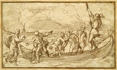 Christ and St Peter walking on the water (pen & brown ink on paper) بواسطة دومينيكو كامبانيولا
