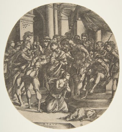 شخصية أنثوية سانت كاترين راكعة على الأرض في المنتصف تتوسل إلى تمثال ذكر ... ، 1517. بواسطة دومينيكو كامبانيولا
