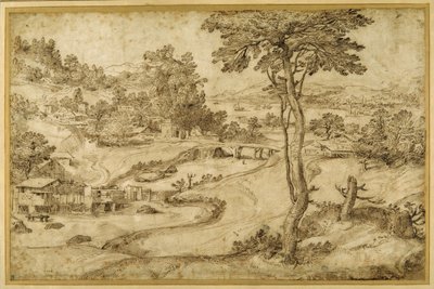 Landscape with a winding river (pen & brown ink on white paper) بواسطة دومينيكو كامبانيولا