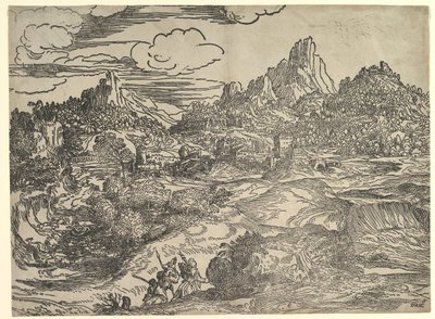 منظر طبيعي مع العائلة تمشي معًا في المقدمة ، على اليسار رقمين مع ... ، كاليفورنيا. 1535-40. بواسطة دومينيكو كامبانيولا
