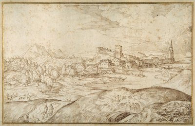 Mountainous landscape with a river, and a fortified town with a spired tower (pen & brown ink on white paper) بواسطة دومينيكو كامبانيولا