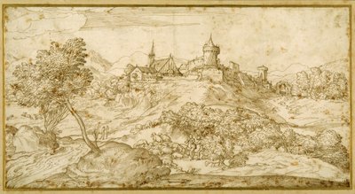 Mountainous landscape with a walled hill town: a shepherd accosted as he tends his flock in the foreground (pen & brown ink on paper) بواسطة دومينيكو كامبانيولا