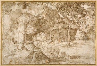 Pilgrims visiting St Jerome in the wilderness (pen & brown ink on white paper) بواسطة دومينيكو كامبانيولا