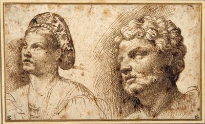 Study of the head and shoulders of a young woman wearing a balza, and of the head of a bearded man (pen & ink on paper) بواسطة دومينيكو كامبانيولا