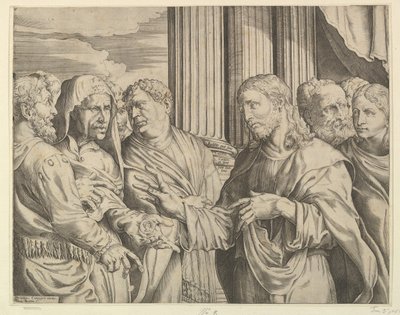 The Triubute Money: المسيح في وسط يمينه لرجل على يساره بالعملات المعدنية ... ، كاليفورنيا. 1564-89. بواسطة دومينيكو كامبانيولا