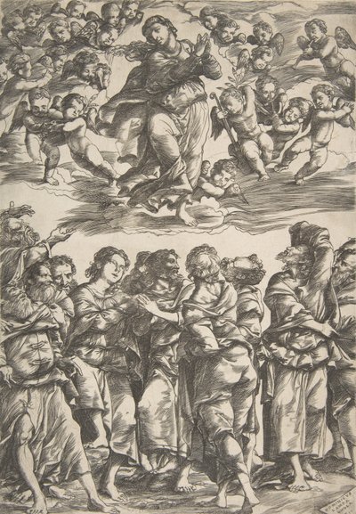 العذراء في أعلى الوسط في الغيوم ويداها متشابكتان ورجل يمنى مرفوعة ، وتحيط بها ... ، 1517. بواسطة دومينيكو كامبانيولا