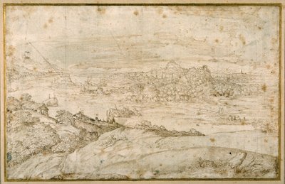 Wooded landscape with a winding river; in the distance a city, a mixture of spires and domes with antique ruins (pen & brown ink on white paper) بواسطة دومينيكو كامبانيولا