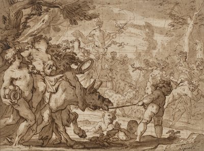 انتصار باخوس ، 1642-1703 (قلم وحبر بني ويغسل فوق الطباشير الأحمر على ورق مسدود) بواسطة دومينيكو الأكبر بيولا
