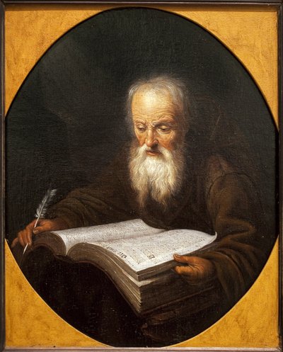 راهب يقرأ ريشة في يده. لوحة لدومينيكوس فان تول (1635-1676) ، زيت على قماش ، بقلم جيريت دو (1613-1675). الفن الفلمنكي بواسطة Dominicus van Tol