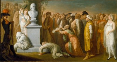 حملة (إكسبيديشن) مصر (1798-1801): "" عودة نابليون بونابرت (1765-1821) من مصر في أكتوبر 1799 "" "تمثيل استعاري للجنرال نابليون منتصرًا عند عودته من مصر ، يرمز إليه تمثال نصفي من الرخام. الذي يتوج بواسطة دومينيك فيفانت دينون