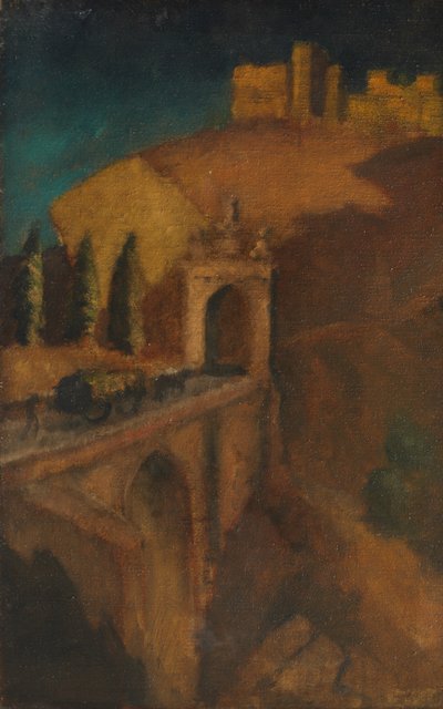 منظر طبيعي للجبل مع جسر (ظهر) ، حوالي عام 1910 (زيت على قماش) بواسطة درة (Attr. To) Carrington