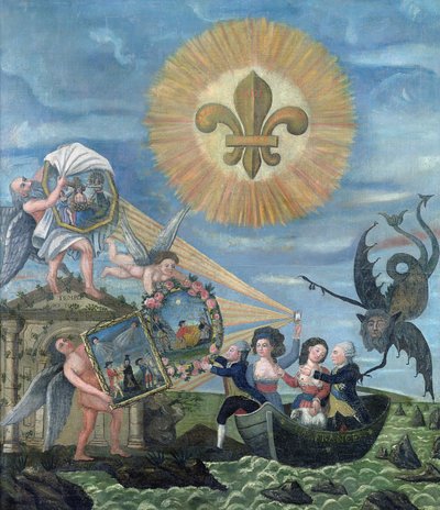 أمل السعادة المخصص للأمة مع لويس السادس عشر (1754-93) مدفوعًا بالخير وجاك نيكر (1732-1804) مدفوعًا بالحقيقة ، 1789 بواسطة دوبوا