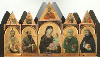 العذراء القديسة مع المسيح الطفل والقديسين أوغسطين ، بول ، بيتر ودومينيكو (أو Polyptych رقم 28) ، حوالي 1305 ، بقلم Duccio di Buoninsegna (حوالي 1255 - قبل 1319) ، تمبرا وذهب على الخشب بواسطة دوتشيو دي بونينسينيا