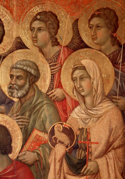 Virgin and child on the throne, detail with saint Peter and saint Agnes (La Maesta) (tempera and gold on wood بواسطة دوتشيو دي بونينسينيا