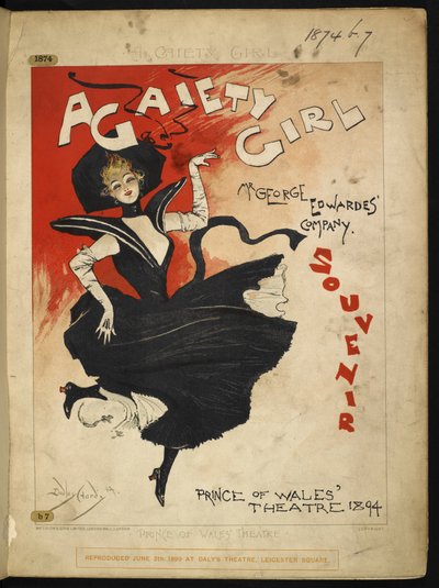 إعلان على الغلاف الأمامي عن العرض المسرحي "A Gaiety Girl". بواسطة دادلي هاردي