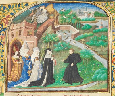 صفحة من كتاب "La Belle Dame Sans Merci" لألان تشارتير ، باريس ، أوائل القرن الخامس عشر بواسطة دانويس ماستر