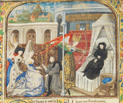 صفحة من كتاب "La Belle Dame Sans Merci" لألان تشارتير ، باريس ، أوائل القرن الخامس عشر بواسطة دانويس ماستر