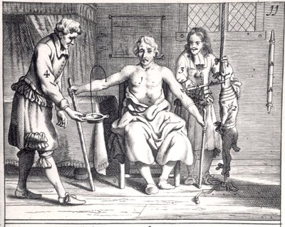 نقل الدم من كلب ، من Armamentarii Chirurgici بقلم يوهانس شولتس (1595-1645) المنشور في أمستردام ، 1671 بواسطة المدرسة الهولندية