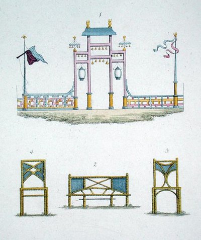 مقاعد الحديقة والبوابة الصينية ، من "مجلة جواهر الحدائق" بقلم جي فان لار ، تم نشرها عام 1802 (لون ليثو) بواسطة المدرسة الهولندية