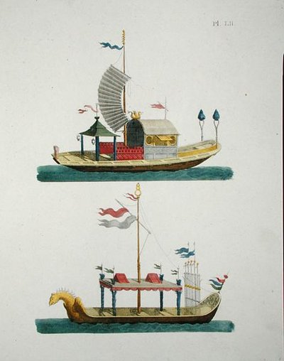 قوارب الزينة الصينية ، من "مجلة جواهر الحدائق" ، بقلم جي فان لار ، نشرت عام 1802 (ليثو ملون) بواسطة المدرسة الهولندية